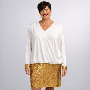 NWT - 3X skirt set MONROE & MAIN  v-neck white blouse gold sequin skirt.